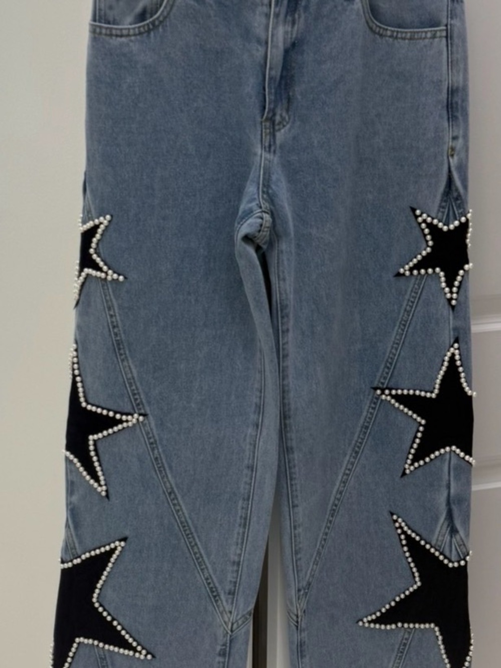 Pearl-Trimmed Star Embellished Blue Wide-Leg Jeans
